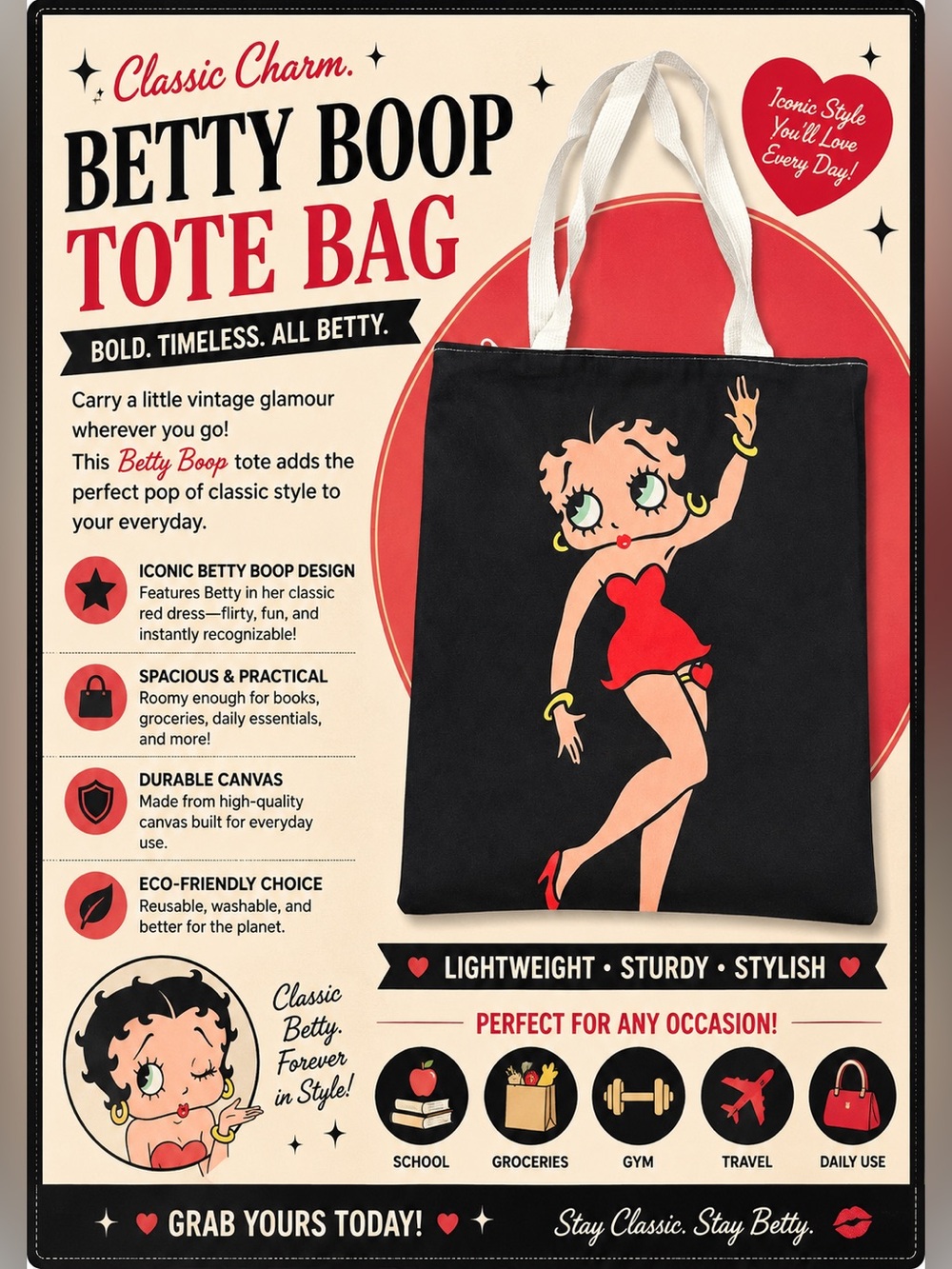 Betty Boop Black Tote with Red and White Accents